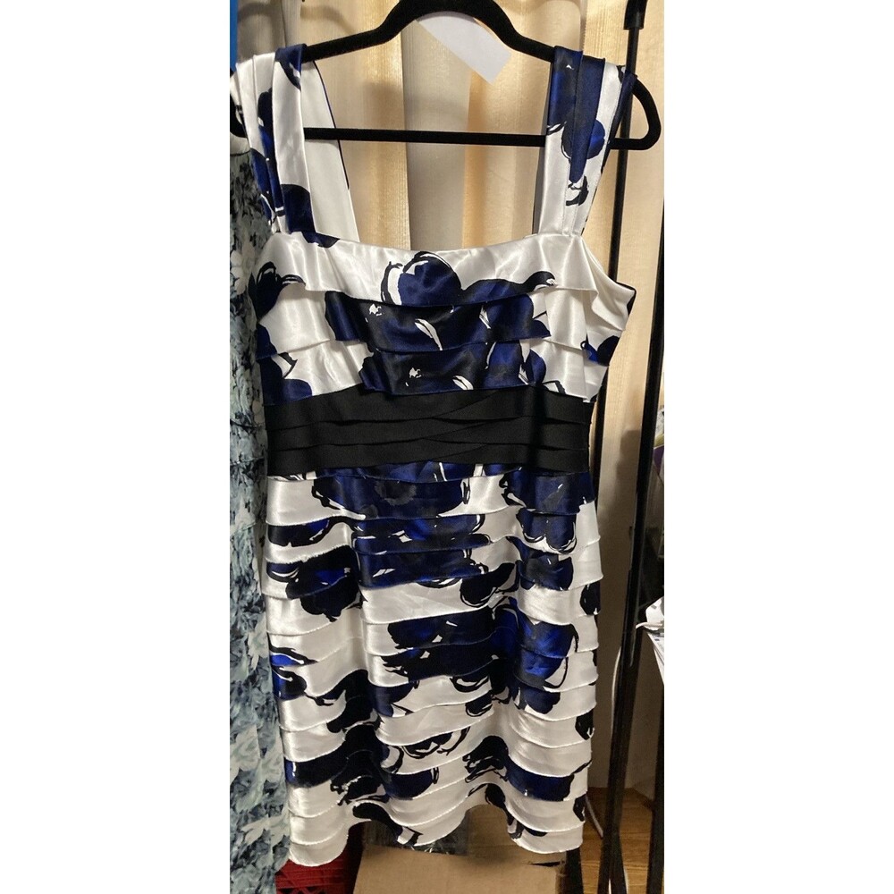 Jones New York Women’s Size 14 Dress Sleeveless Layered ruffle Blue Black Floral